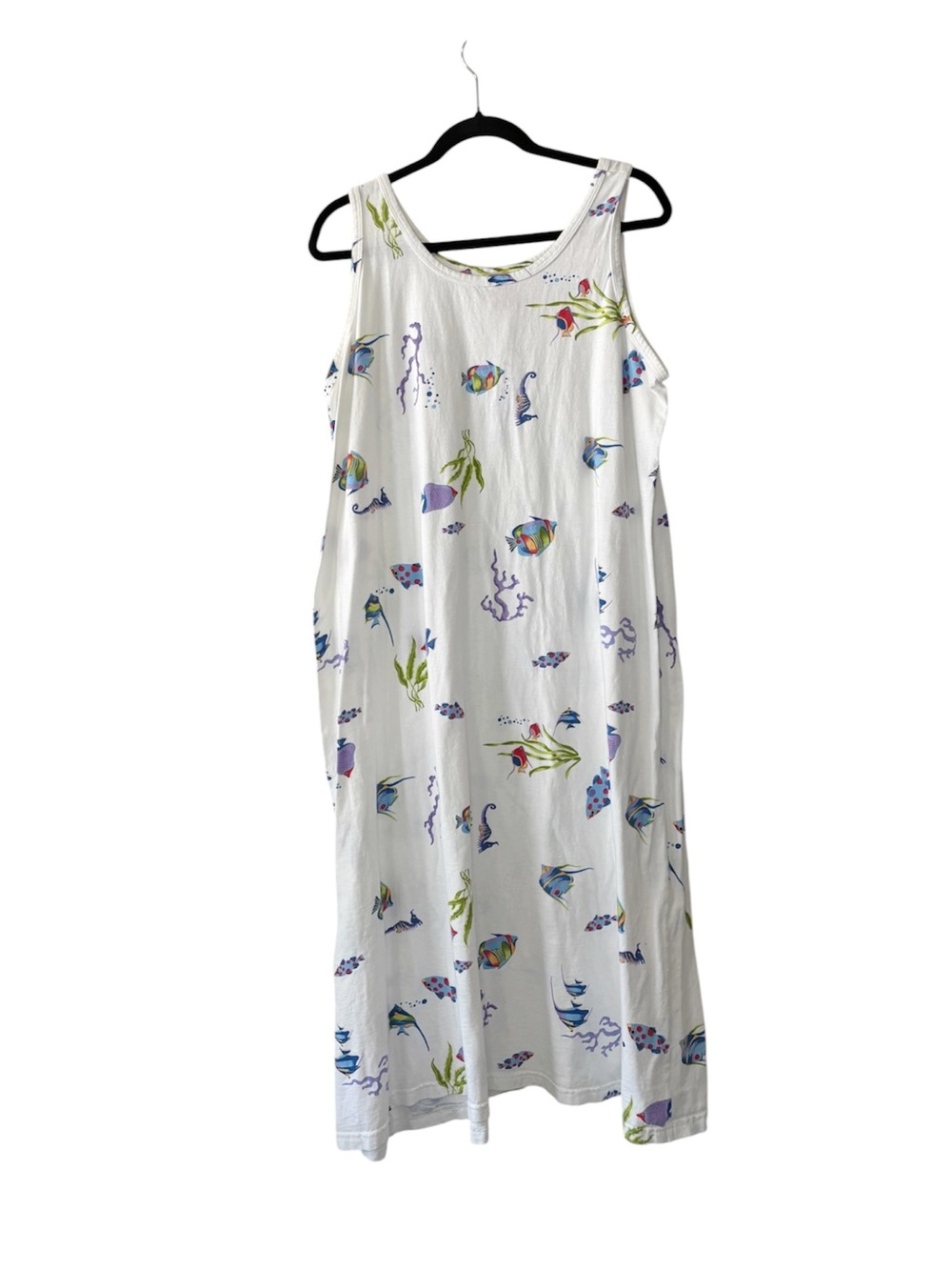 Vintage 90s Fish Print Maxi Dress Coastal Grandma Cottagecore L